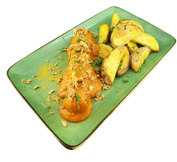 Ein Tellergericht bestehend aus Currywurst und Kartoffelecken