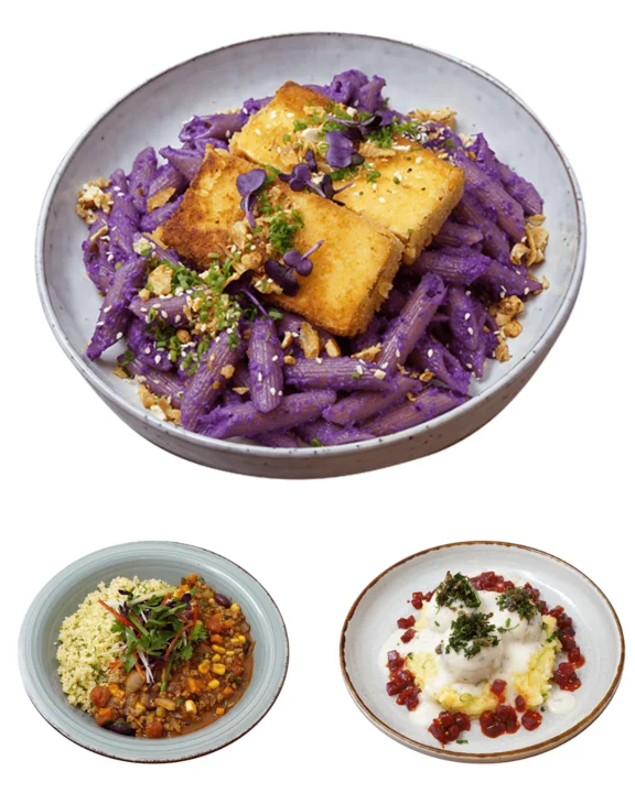 Collage aus drei Bildern mit Tellergerichten zur Aktion "Veganuary"