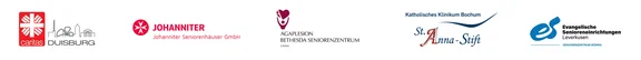 Ein Banner mit Logos von: Caritas Duisbirg, Johanniter Seniorenhäuser GmbH, Agaplesion Bethesda Seniorenzentrum Unna, Katholisches Klinikum Bochum St. Anna-Stift, Evangelische Senioreneinrichtung Leverkusen Seniorenzentrum Bürrig