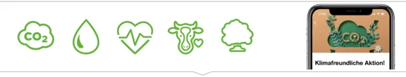 Bannerbild mit 5 grünen Icons mit einer Co2 Wolke, Tropfen, Herz, Tierkopf und ein Baum und nebendran ein Bild von einem Smartphone und auf dem Bildschirm der Text Klimafreundliche Aktion!