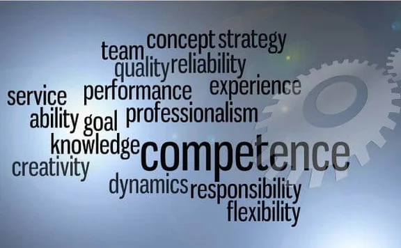 Bild mit vielen englischen Wörtern, herausstehend und größtest Wort ist competence