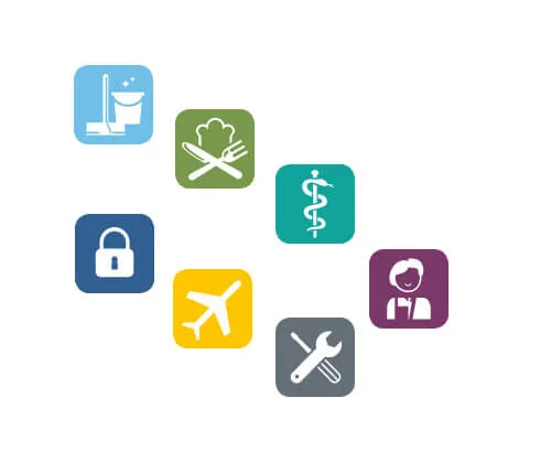 7 verschieden farbende Icons mit Symbolen drauf für die Sparten von Klüh Multiservices für: Cleaning, Catering, Clinic, Personal-Services, Security, Airport-Service und Integrated-Services