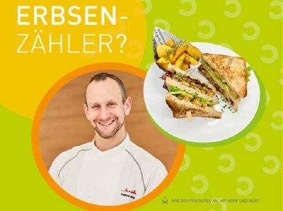 Aktionsbild zu "Planted" mit Porträt Herr Patrick Jörg mit einerm Club-Sandwich Teller mit Kartoffelecken