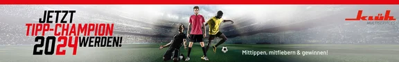 Banner zur Aktion "Tipp-Champion 2024", wo in der mitte des Banners 3 Fußballer sind von Klüh Multiservices mit dem untertitel "Mittippen, mitfiebern & gewinnen!"