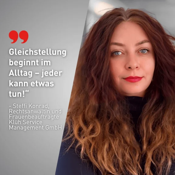 Porträt Frau Steffi Konrad mit dem beisatz "Gleichstellung beginnt im Alltag - Jeder kann etwas tun!"