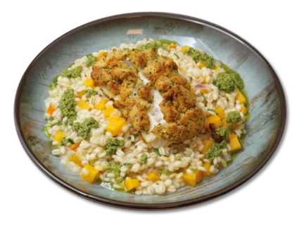 Ein Bild von einem Tellergericht mit Seelachs Bordelaise