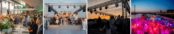 Collage mit vier Bildern und Eindrücken vom Dinner, dem Deck und Sonnenuntergangsstimmung am Deck