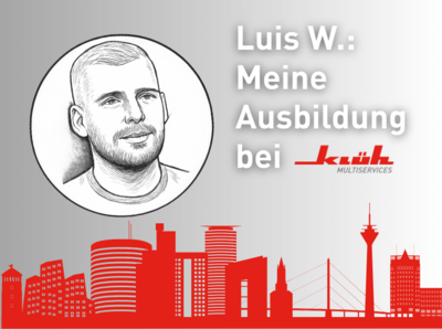 Ein Bild von der Düsseldorf Skyline in der farbe rot mit grauem Hintegrund, zudem ist ein Skizze von einem Mann drauf mit dem Schriftzug " Luis W.: Meine Ausbildung bei Klüh""