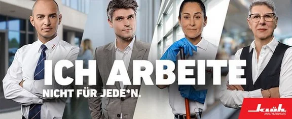 Ein Collage zur Employer Branding Kampgne von Klüh bestehend aus vier Bildern mit jeweils einer Berufsgruppe: Catering, Cleaning, Security, Integrated Services