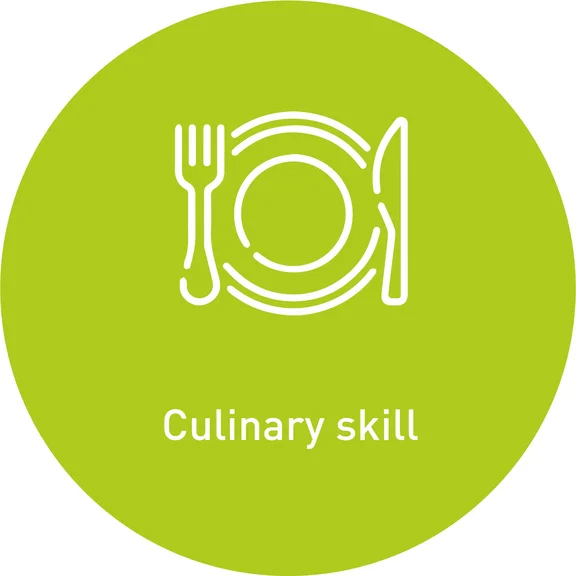 hellgrünes rundes Logo mit Besteck und Teller Symbol und dem Schriftzug "Culinary skill"
