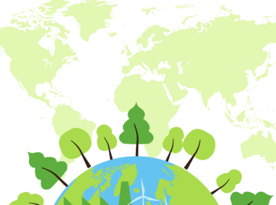 Eine Illustration, die Erdkugel auf der viele Bäume senkrecht stehen, im Hintergund ist eine Weltkarte in der farbe grün