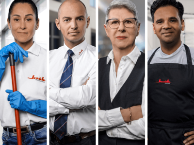 Collage bestehend aus vier Bildern zur Employer Branding Kampagne von Klüh Multiservices, bestehend aus vier Bildern für jeweils eine Branchenrichtung: Cleaning, Security, Personal, Catering und Integrated Services