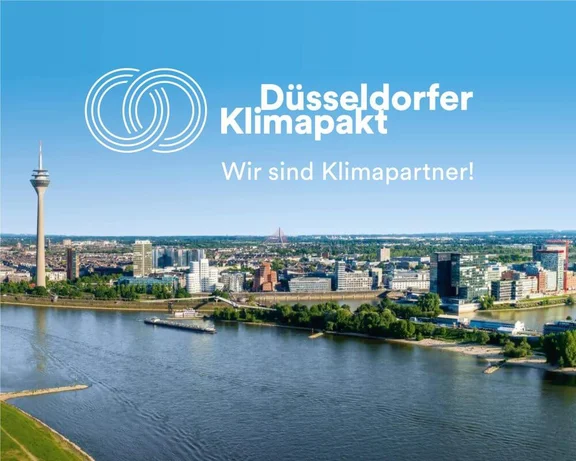 Ein Bild von der Stadt Düsseldorf am Rhein mit dem Logo von Düsseldorfer Klimapakt drauf