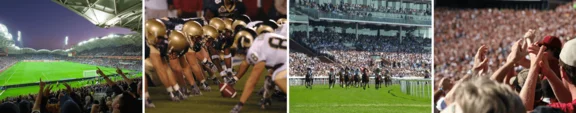 Eine Foto Collage von 4 Bildern, das erste Bild aus der Tribüne herraus aufs Fußballfeld in einem Stadio, das zweite zeigt zwei American Footmall Mannschaften während des Spiels, das dritte zeigt ein Pferderennen mit vielen Zuschauern im Hintergrund und das letzte zeigt eine Tribüne voller Menschen