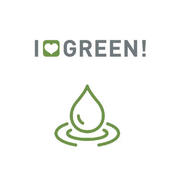 Logo mit dem Schriftzug "i (Herz) green!" und grüne Skizze eines aufkommenden Wassertropfen