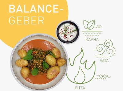 Bild mit dem Titel "Balance-Geber", einem Tellergericht und drei Bezeichnung aus dem Ayurverdabereich: Kapha, Vata und Pitta