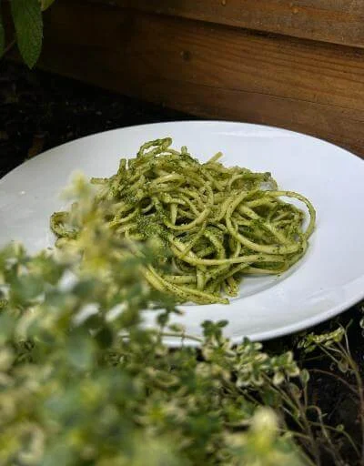 Teller mit Spaghetti und selbstgemachten Pesto