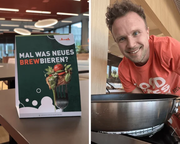 Collage: links im Bild ein Tischaufsteller zur Aktion im Betriebsrestaurant, rechts der Brew Bites Gründer Wojtek Konieczny