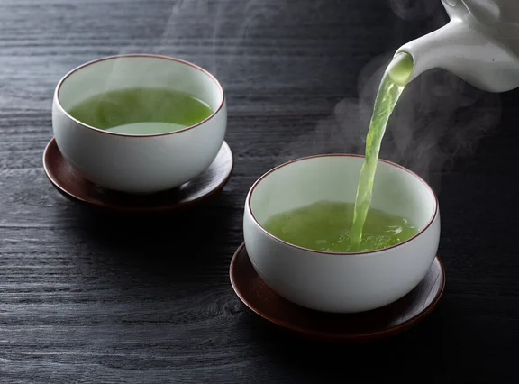 zwei weiße Teetassen gefüllt mit grünem Tee auf einem dunklen Tisch
