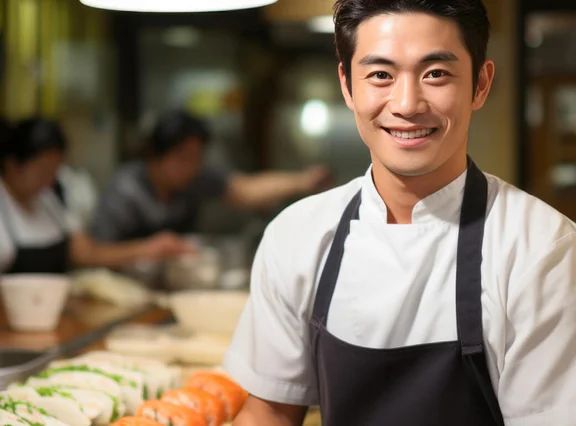 Ein lächelnder Japanischer Koch in Arbeitskleidung in einer Küche