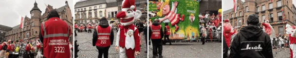 Foto-Collage von Security-Mitarbeitenden beim Düsseldorfer Rosenmontagszug