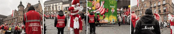 Foto-Collage von Security-Mitarbeitenden beim Düsseldorfer Rosenmontagszug