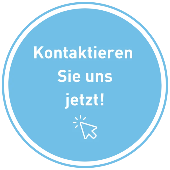 Vollfarbiges blaues rundes Symbol mit weißer Innenschrift: Kontaktieren Sie uns jetzt! und ein Mauszeiger Icon zum anklicken
