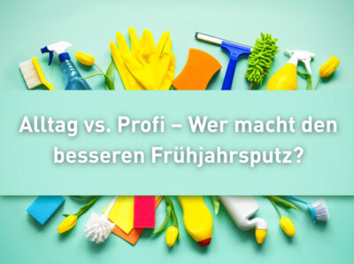 Reinigungsmittel und Tulpen arrangiert im Kreis, in der Mitte der Titel "Alltag vs. Profi – Wer macht den besseren Frühjahrsputz?"