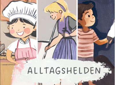 Zeichentrickzeichnung von Alltagshelden aus dem Bereich Catering, Cleaning und Security
