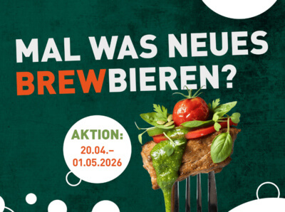 Bild-Komposition mit einer Headline oben "Mal was Neues brewbieren?", einer Datumsangabe und einer Gabel mit zubereitetem Brew Bites Produkt.